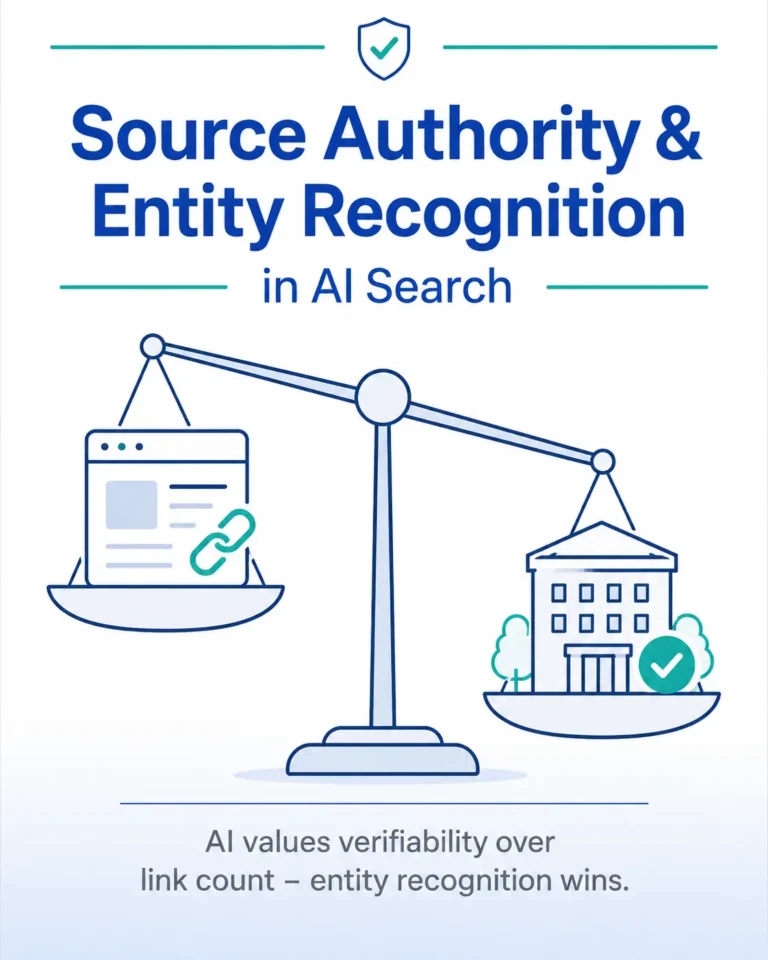 Source authority and entity recognition in AI search infographic with trust and verification symbols.