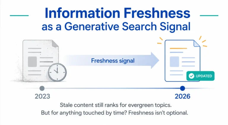 Information freshness as a generative search signal infographic showing updated content and content recency.