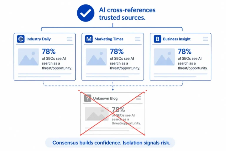 AI cross-references trusted sources infographic showing content validation and source consensus.