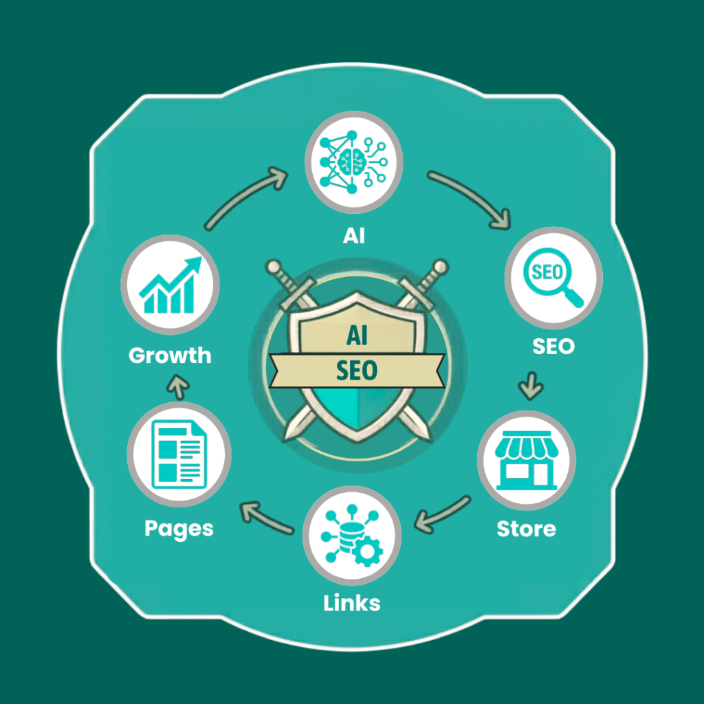 Scalable ecommerce SEO architecture showing a structured website hierarchy connecting categories, subcategories, product pages, internal links, and AI search optimisation for improved crawlability and visibility.