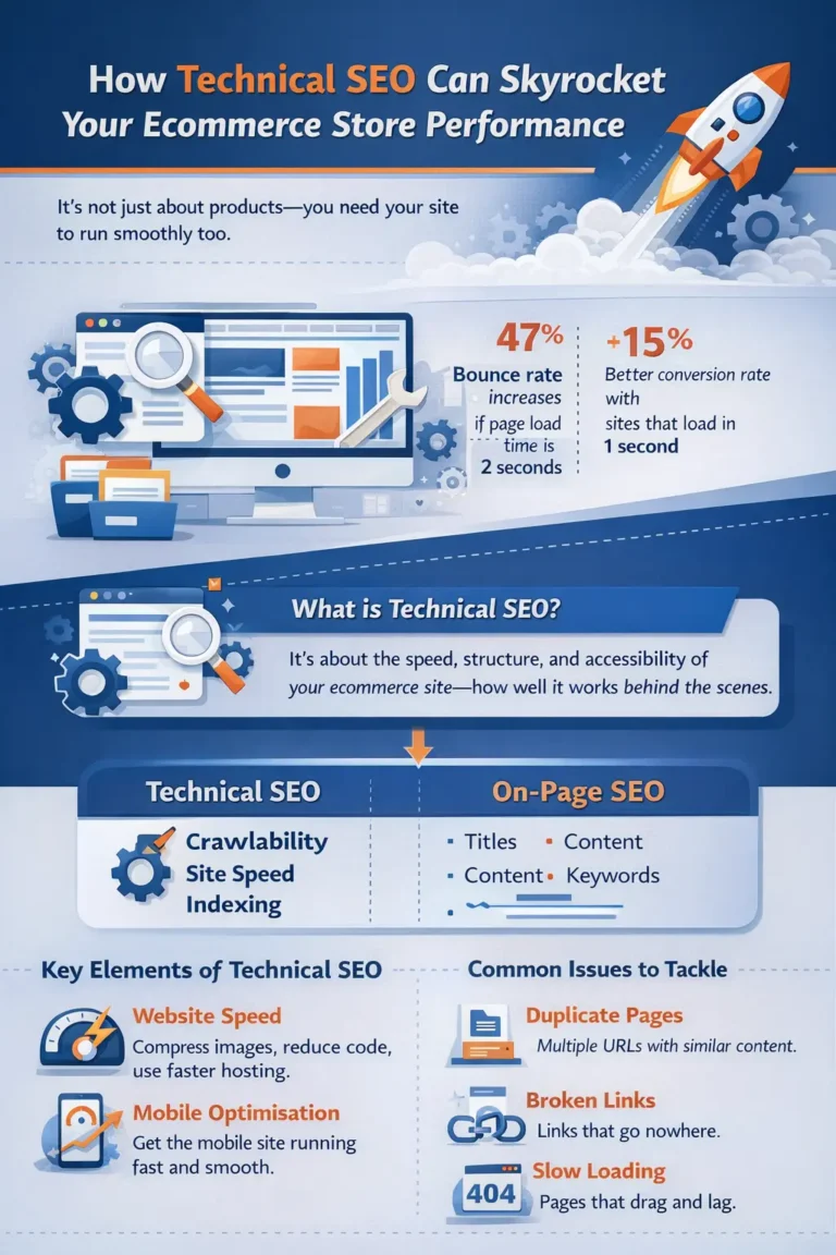 Visual guide explaining technical SEO for ecommerce, covering speed optimisation, mobile performance, crawlability, and common website issues.