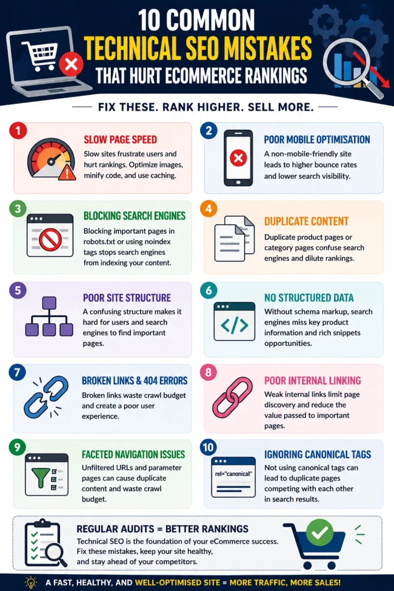 Technical SEO mistakes ecommerce infographic showing common errors that hurt rankings