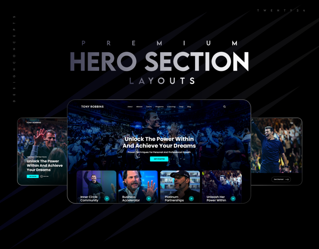 Hero section website layouts showing responsive desktop, tablet and mobile designs with calls to action
