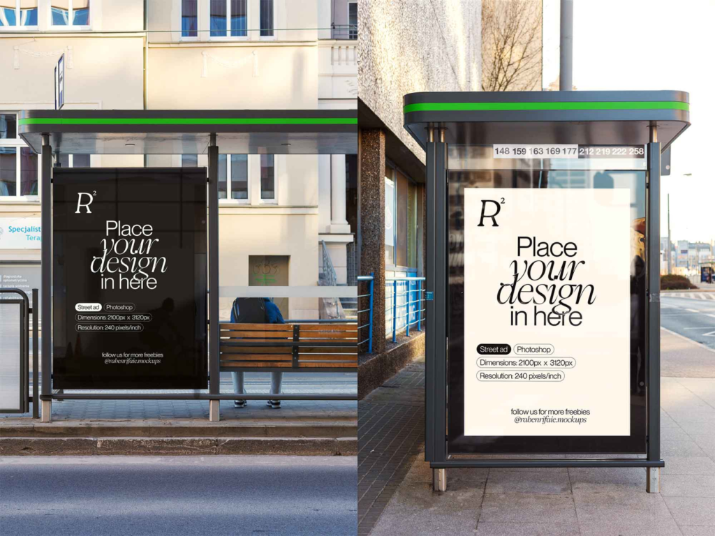 Bus stop advertising mockup showing two outdoor poster displays with “Place your design in here” text, set against an urban street and building backdrop.