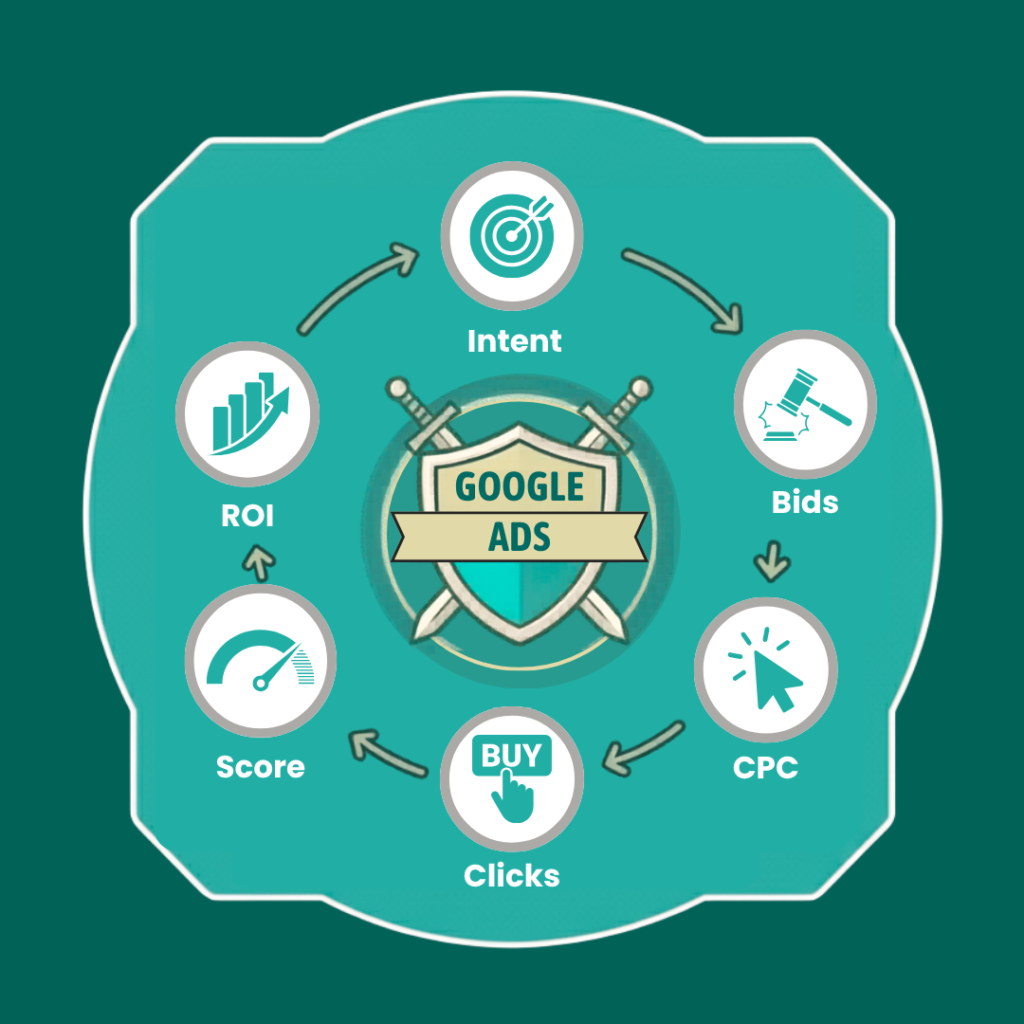 Google Ads infographic showing intent, bids, CPC, clicks, Quality Score and ROI as key factors in campaign performance.