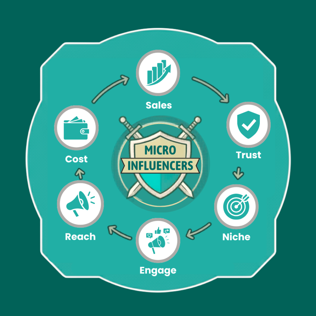 Infographic highlighting micro-influencers and their key benefits, including trust, niche audiences, engagement, reach, cost and sales.