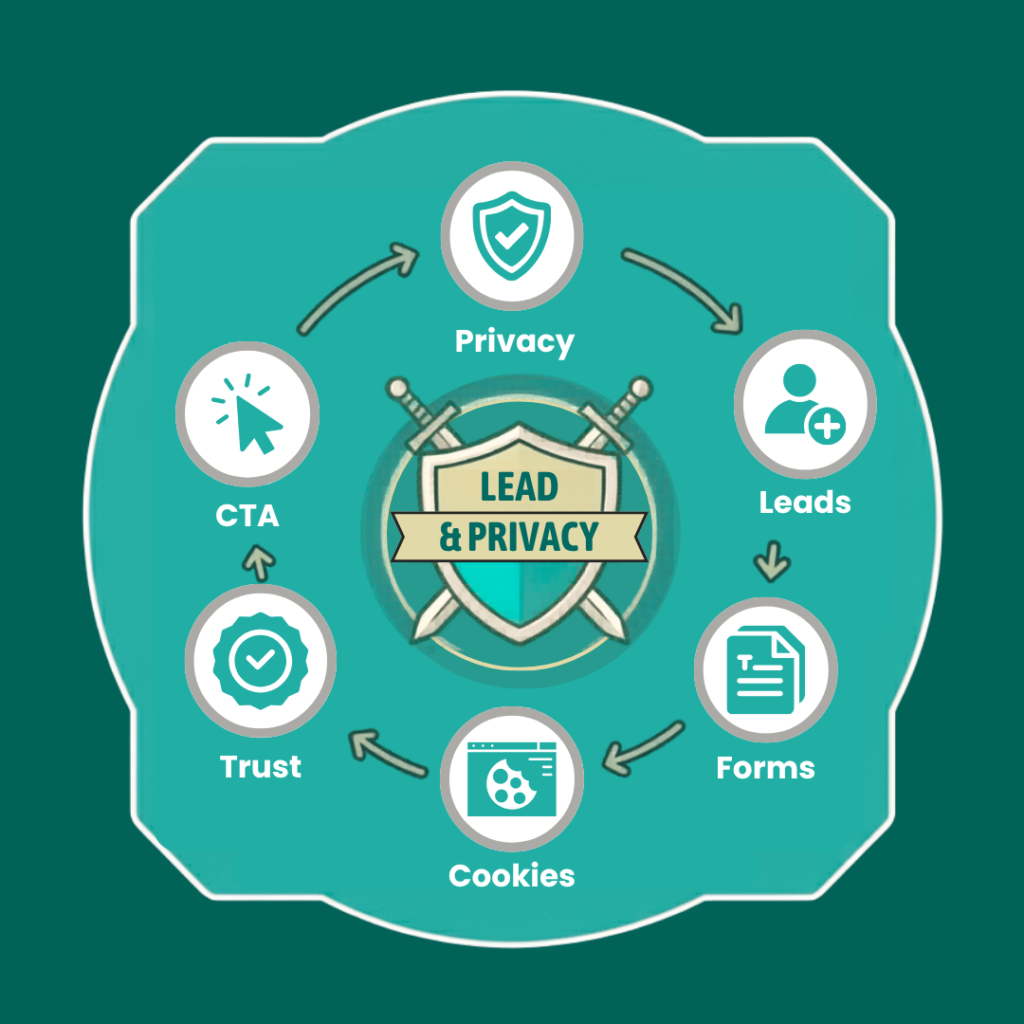 Lead generation diagram showing Privacy, Leads, Forms, Cookies, Trust and CTA surrounding a central “Lead & Privacy” graphic.