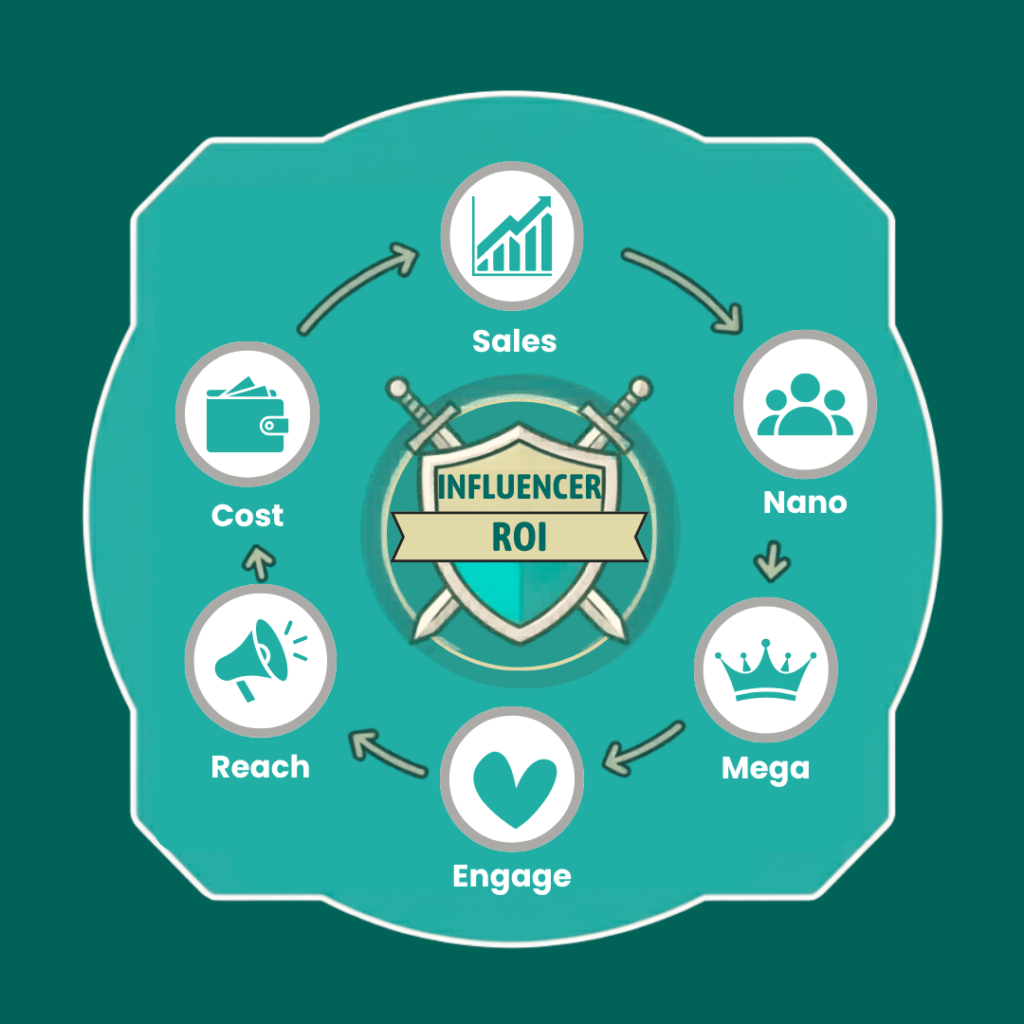 Influencer ROI graphic comparing nano and mega influencers across sales, cost, reach and engagement.