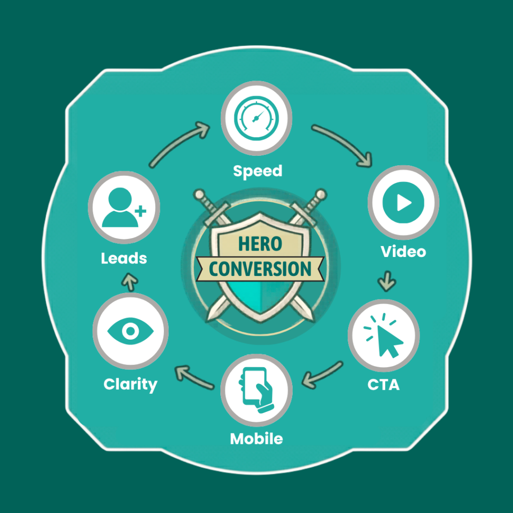Hero video conversion diagram showing Speed, Video, CTA, Mobile, Clarity and Leads surrounding a central “Hero Conversion” graphic.
