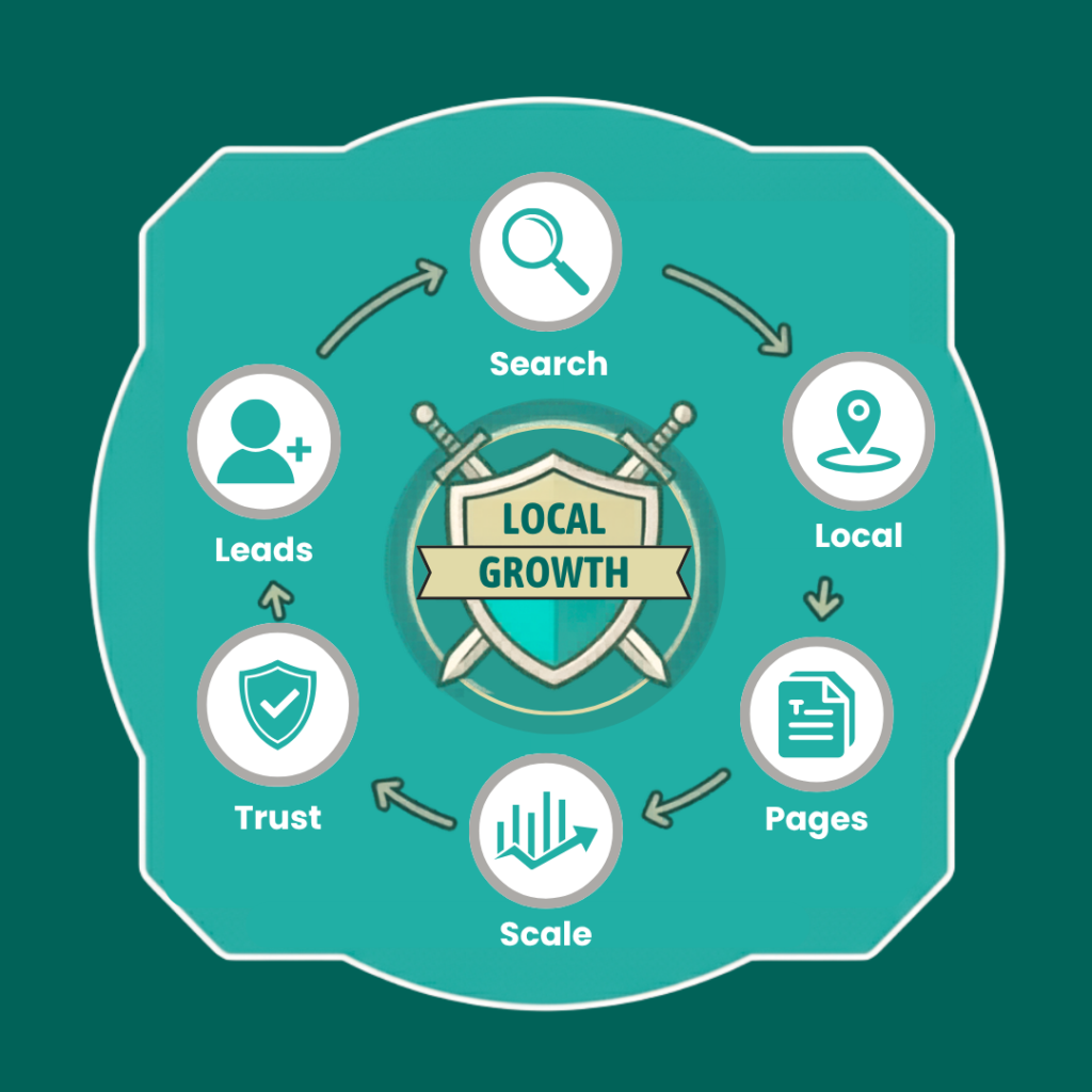 Local growth diagram showing Search, Local, Pages, Scale, Trust and Leads surrounding a central “Local Growth” graphic.