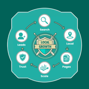 Local growth diagram showing Search, Local, Pages, Scale, Trust and Leads surrounding a central “Local Growth” graphic.