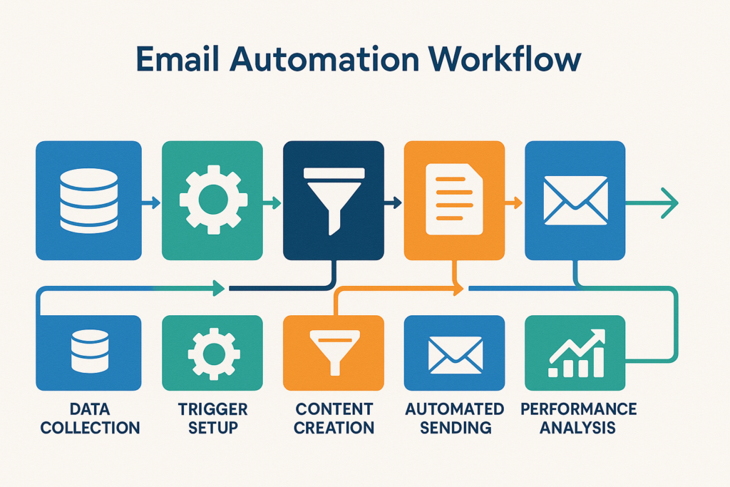 Email automation workflow diagram showing five stages: data collection, trigger setup, content creation, automated sending, and performance analysis, connected by directional arrows.