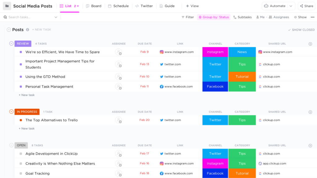 ClickUp social media content calendar displaying a list of posts organized by status, including Review, In Progress, and Open, with columns for assignees, due dates, links, channels, categories, and shared URLs