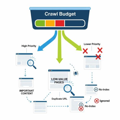 Crawl budget infographic showing high-priority pages, low-value pages, duplicate URLs, and no-index SEO management.